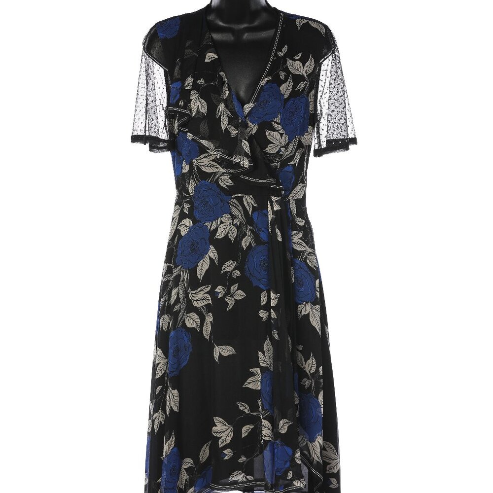 Jason Wu Black & Blue Rose Short Mesh Sleeve Dress